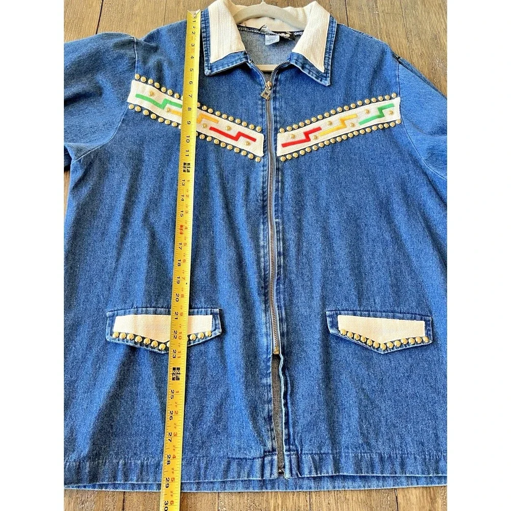 Vtg Gepetto Womens Blue Denim Gold Studs Jacket & Matching Pull on Pants XL SET